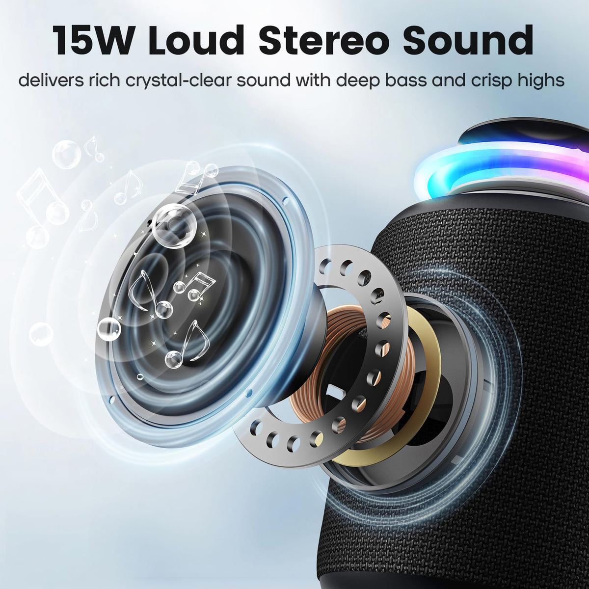 Deeyaple Bluetooth speaker with LED lights for immersive mood lighting during parties.