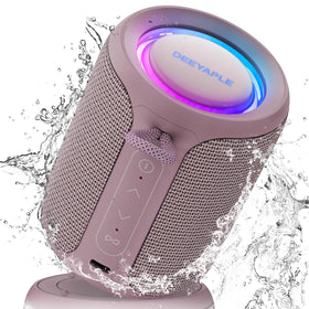 Deeyaple dusty-pink Bluetooth speaker front view shows compact design and rich sound potential.