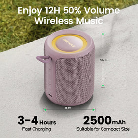 Deeyaple dusty-pink Bluetooth speaker lights on, suggesting immersive visual effects with your tracks.