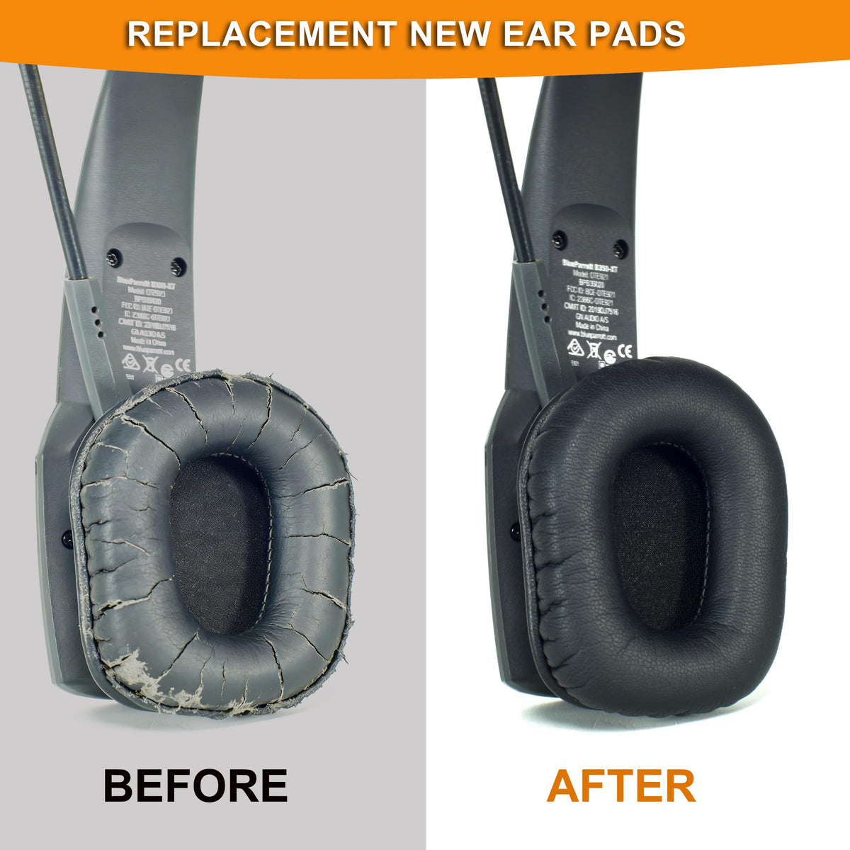 defean side view of pads installed on BlueParrott headset, improves fit