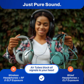 DefenderShield EMF Air Tube Headphones built-in mic portrait emphasizes easy hands-free conversations.