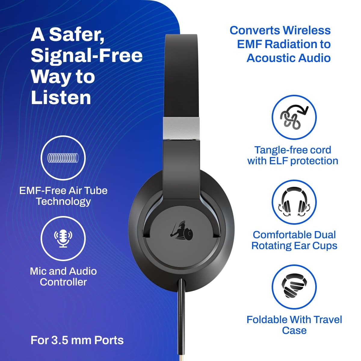 DefenderShield EMF Air Tube Headphones folded-case display highlights portable travel companion.