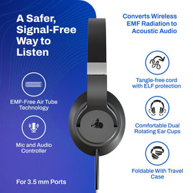 DefenderShield EMF Air Tube Headphones folded-case display highlights portable travel companion.
