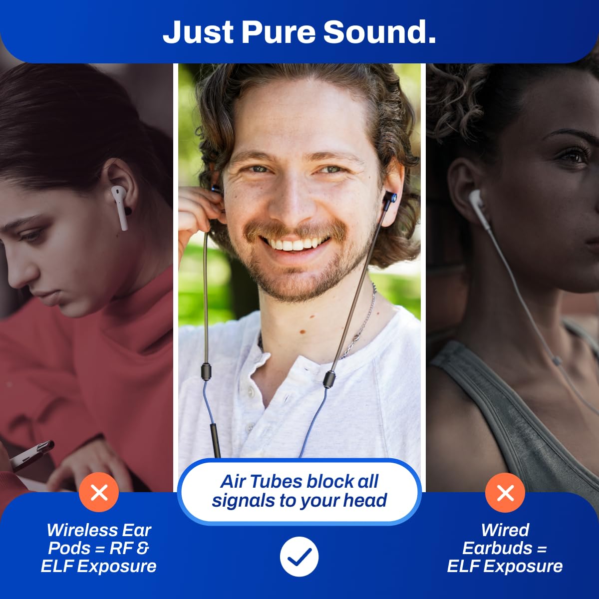 DefenderShield EMF earbuds air-tube technology highlighting safe listening path