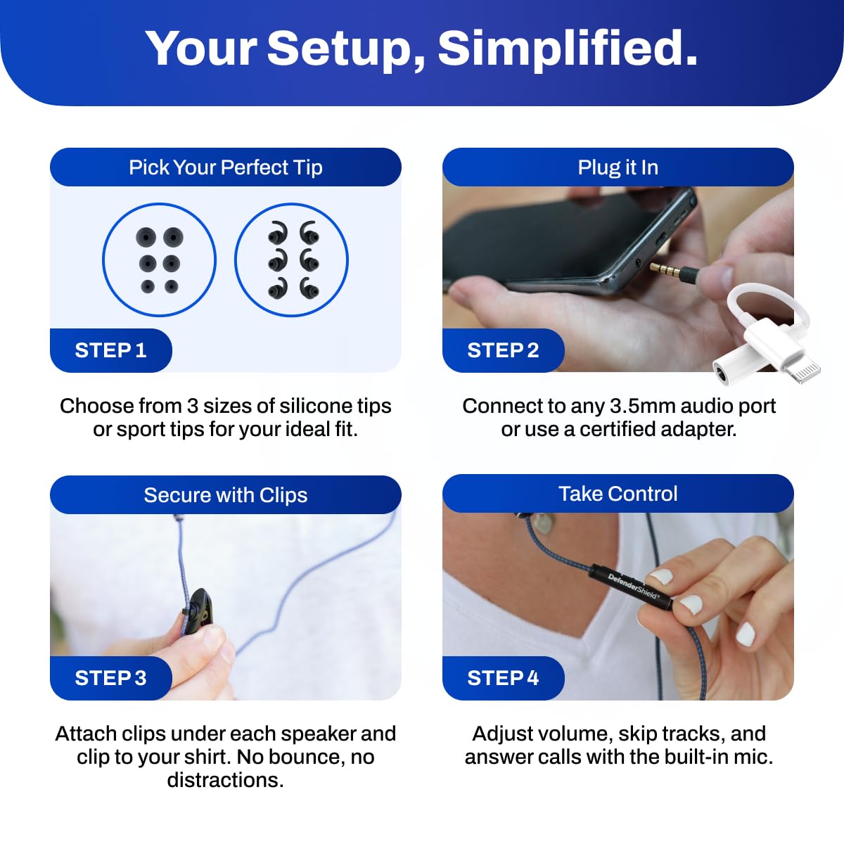DefenderShield EMF earbuds sport tips and clips during activity