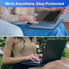 Durable, non-slip DefenderShield pad keeps a laptop steady on desks.