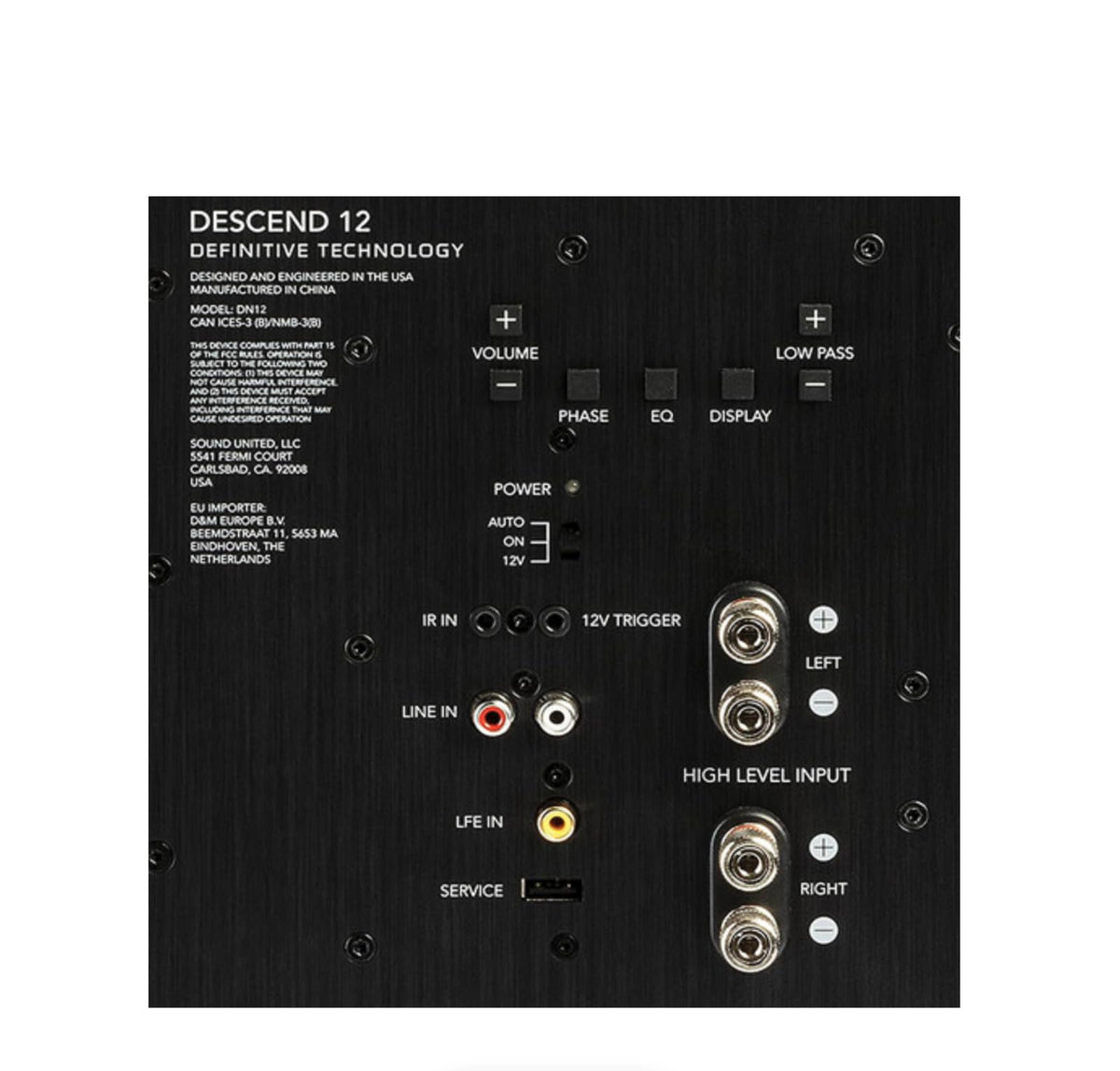 DN12 rear panel demonstrates versatile connections for LFE, RCA, USB, and binding posts.