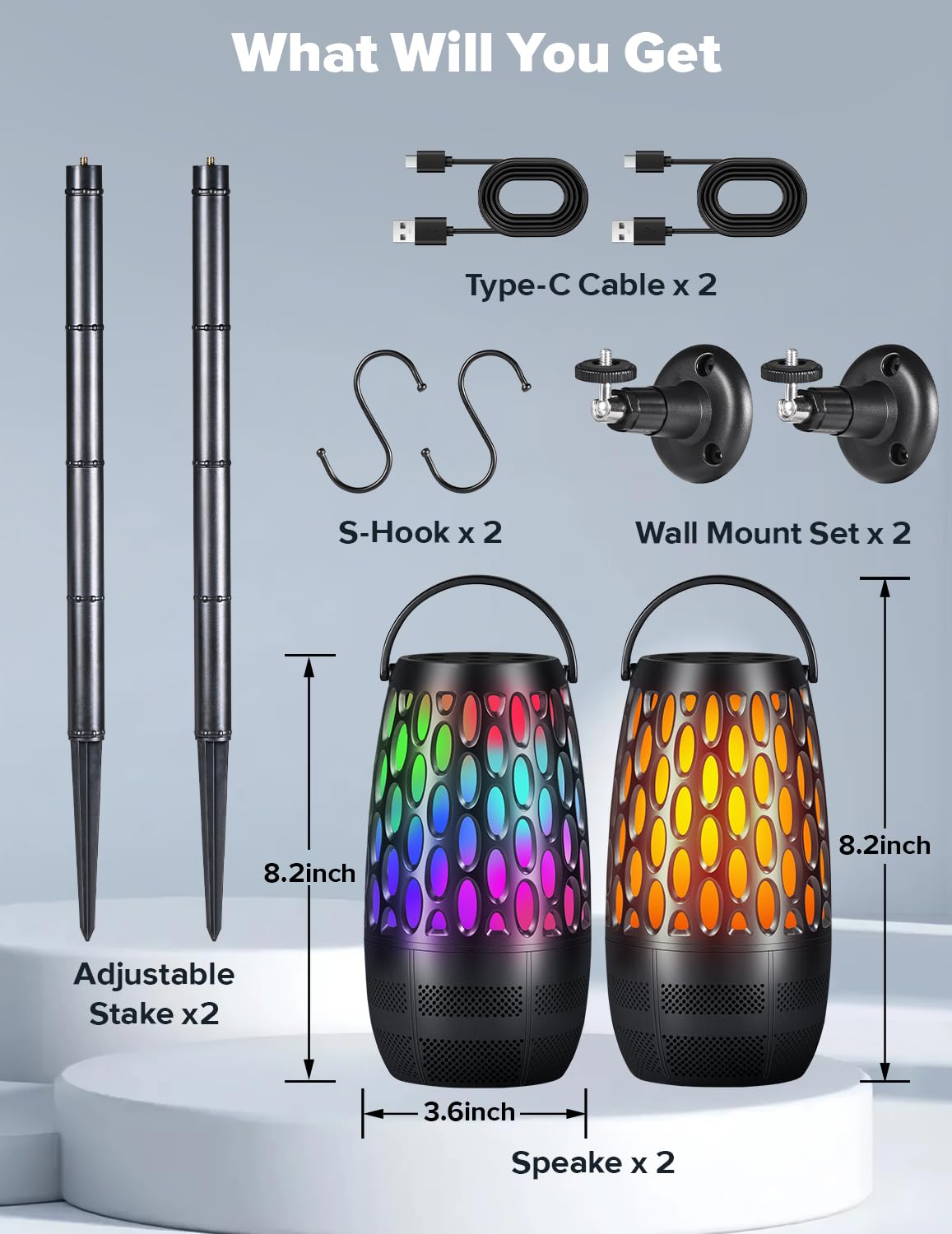 Dehikewell package includes speaker units, charging cable, hooks, mounts, and guide.