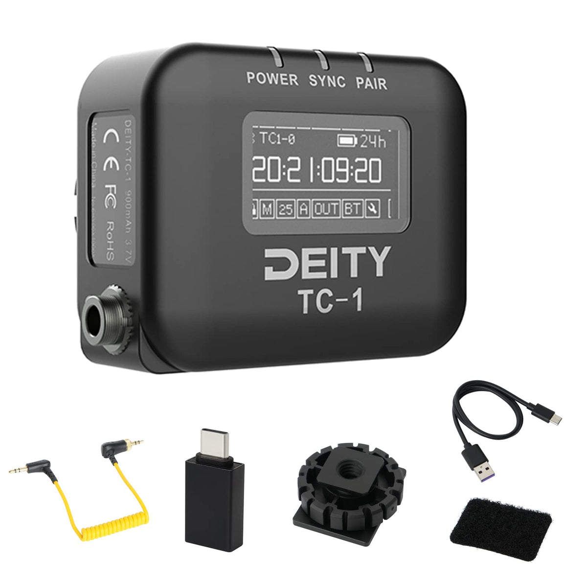 Deity TC-1 wireless timecode box showing a compact control layout and display.