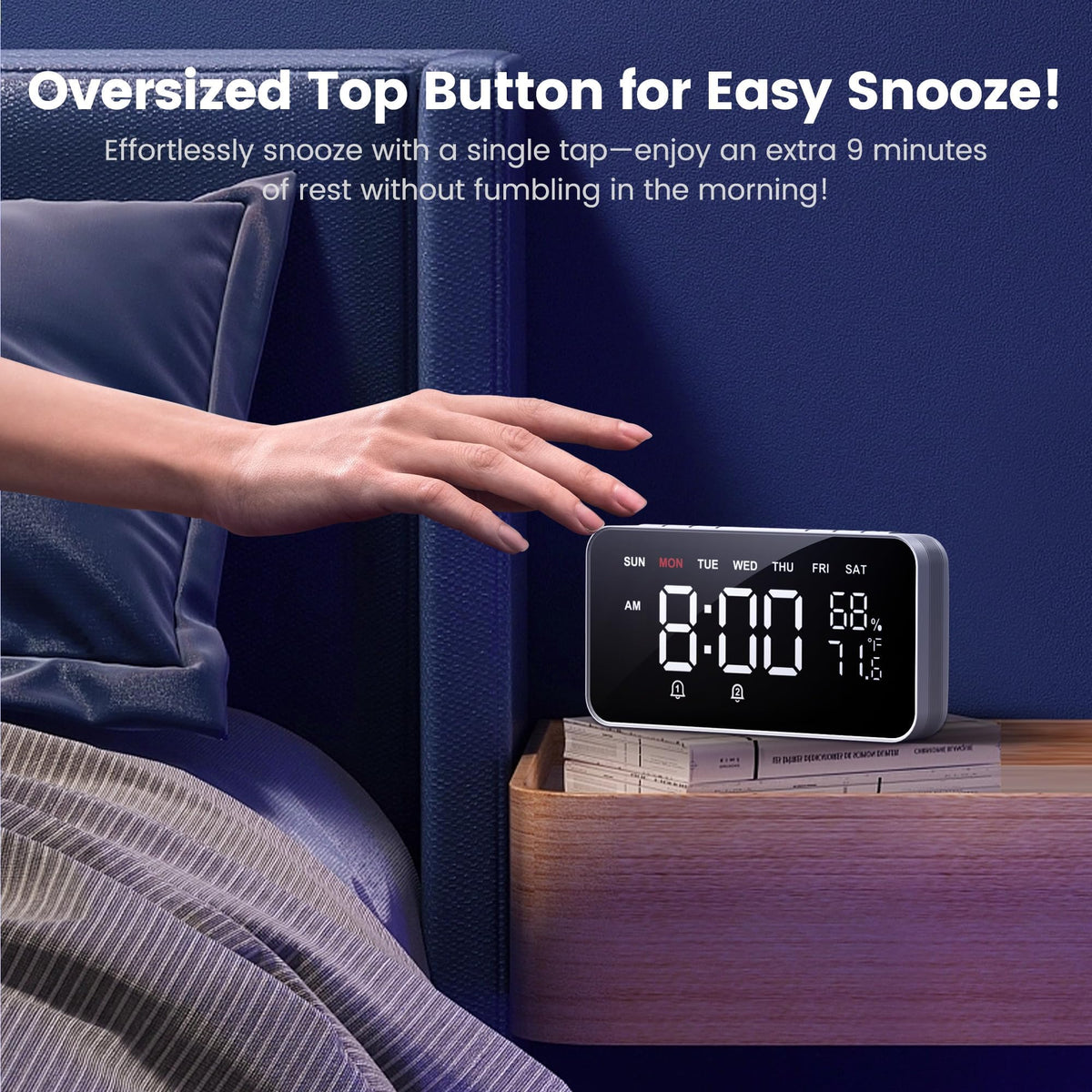 Dekala large snooze button close-up for quick extra nine minutes benefit