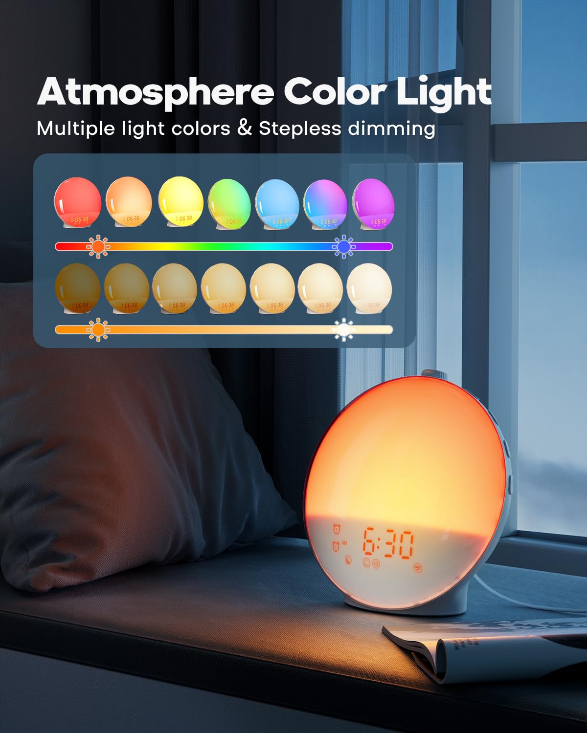 Dekala sunset simulation feature highlights smooth dimming for relaxed evenings.