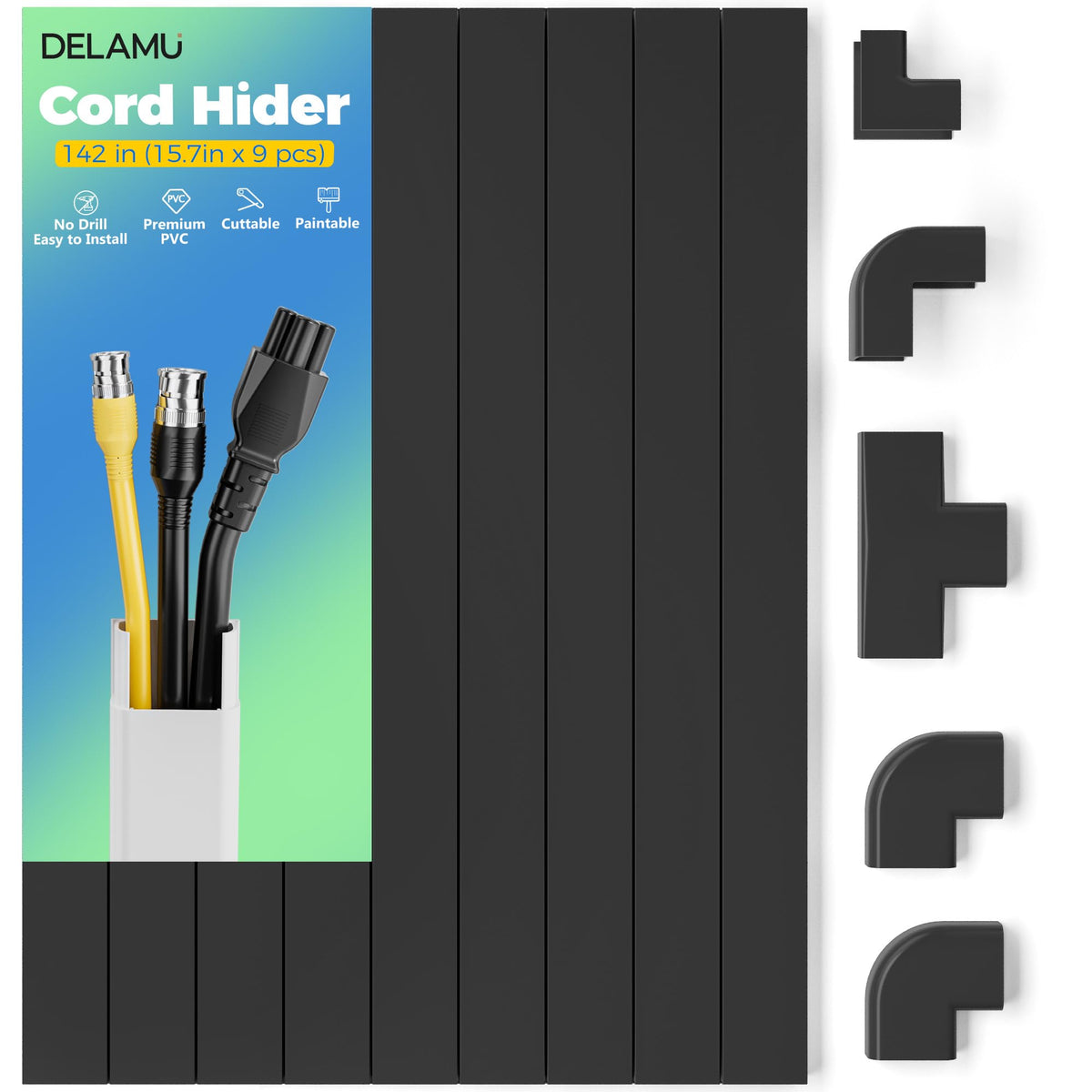 Delamu 142in black cord hider on wall keeps cables neat and hidden.