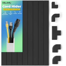 Delamu 142in black cord hider on wall keeps cables neat and hidden.