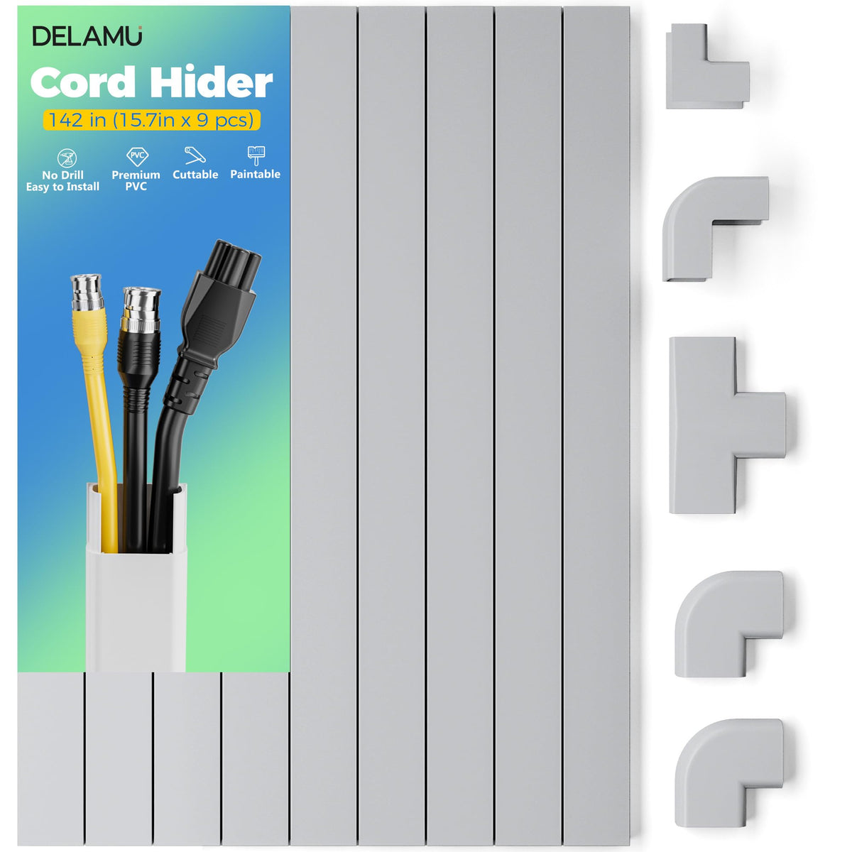 Delamu 142in grey cord hider on wall hides multiple cables behind the TV