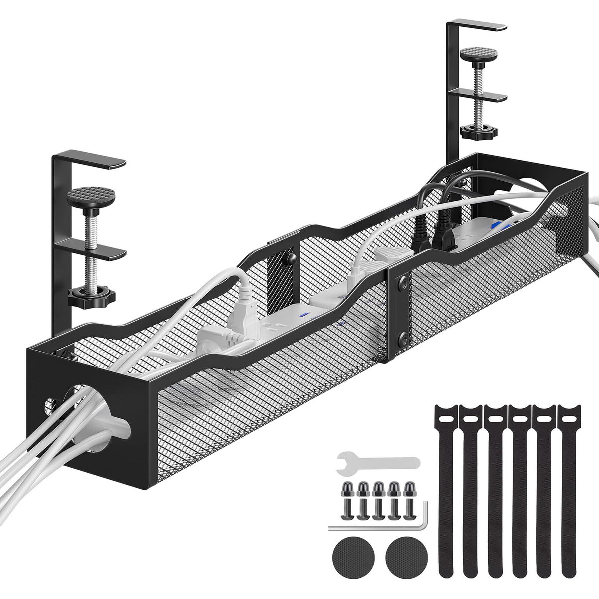 Delamu 25-inch under-desk cable management tray keeps cords organized and accessible.