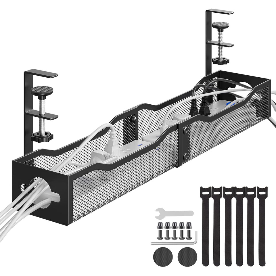 Delamu 25-inch under-desk cable management tray keeps cords organized and accessible.