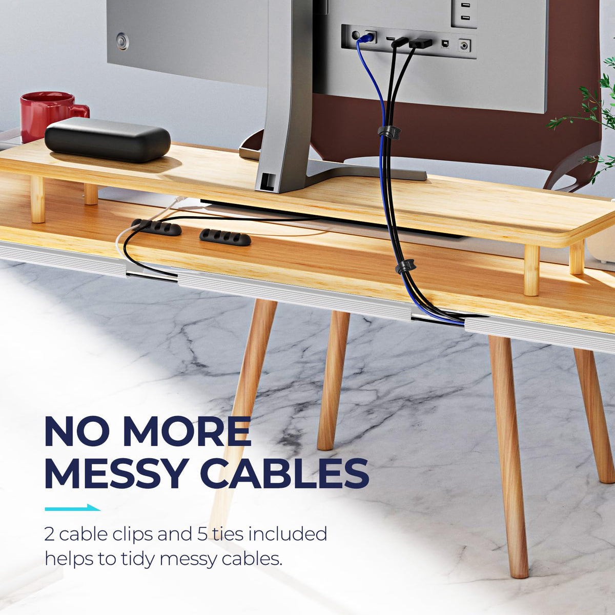 Delamu adhesive-back cable organizer on white desk surface, easy to install.