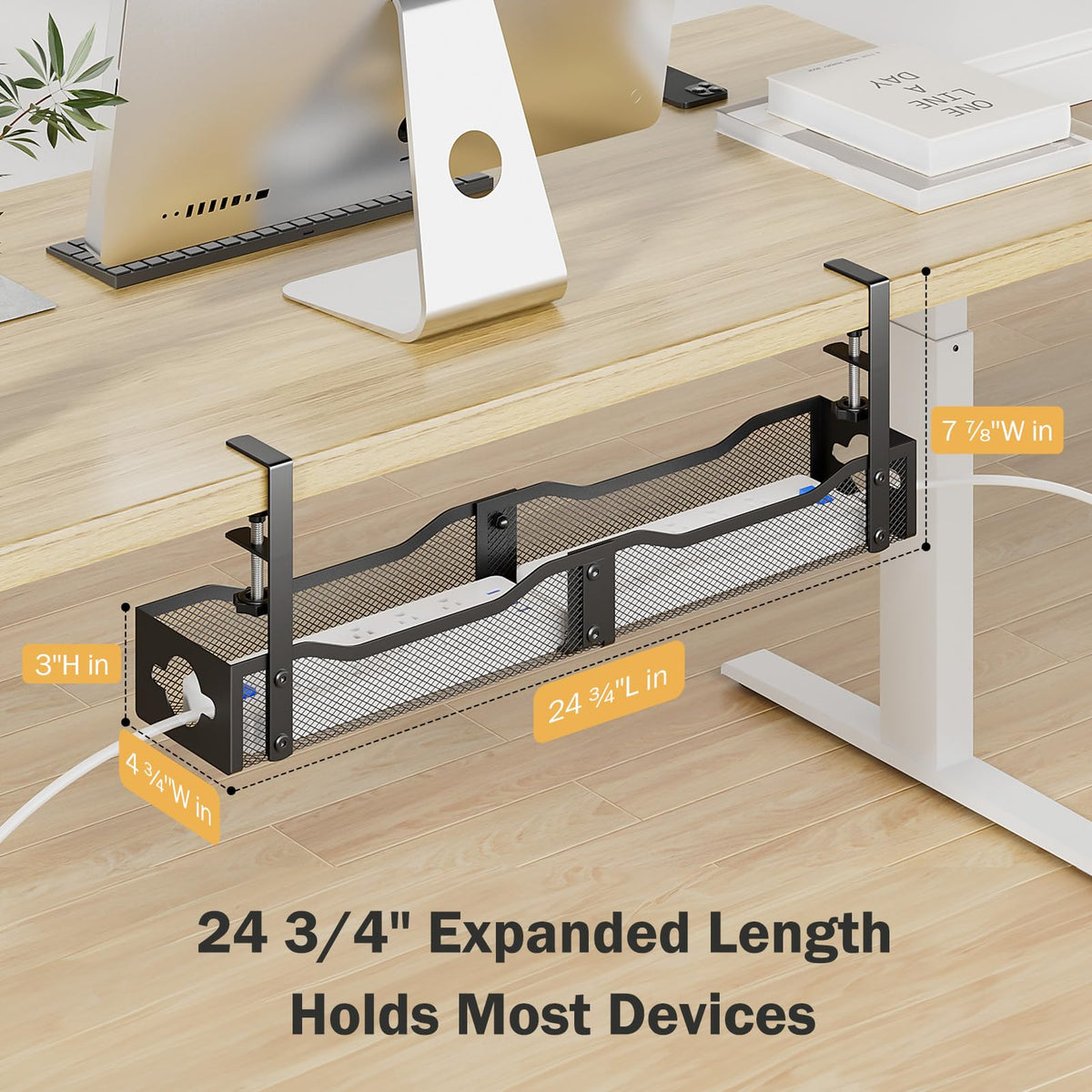 Delamu adjustable F-clamp under-desk cable organizer prevents clutter and protects surfaces.