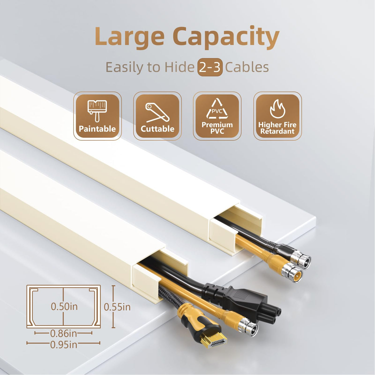 Delamu beige cord hider showing tool-free wall installation with adhesive