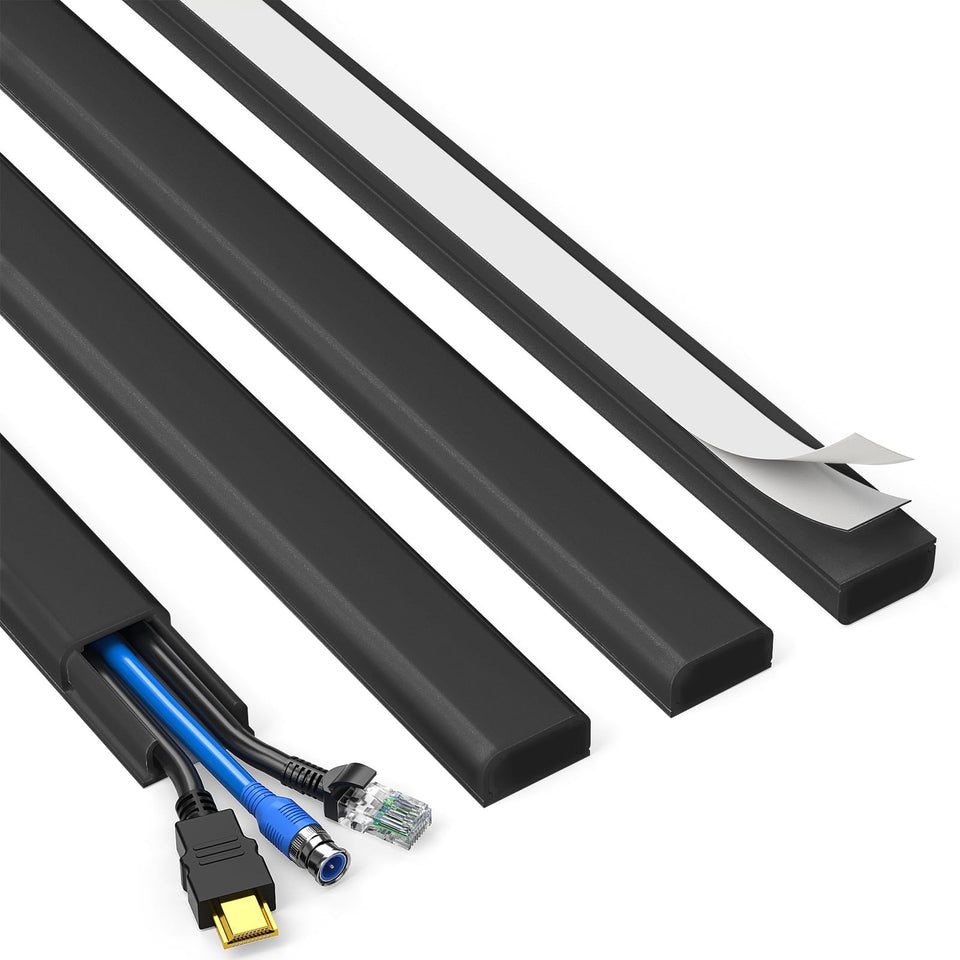 Delamu black cord hider full-length on wall concealing tidy cables.