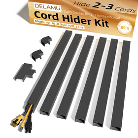 Delamu Black Cord Hider on wall conceals HDMI and power cables for a cleaner living room.