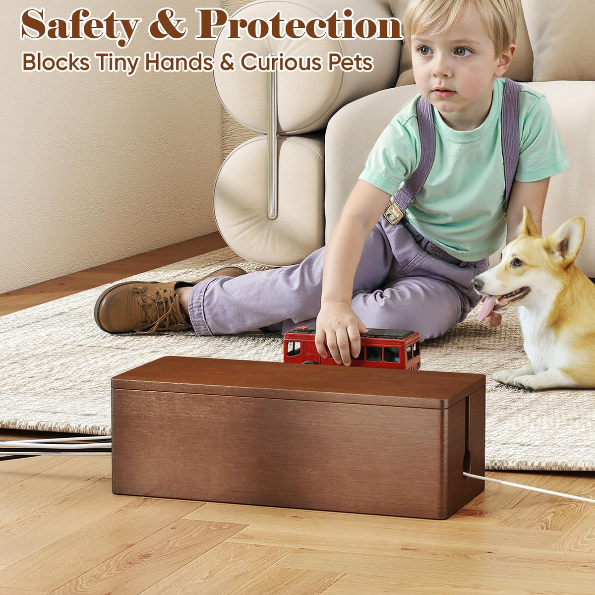 Delamu brown cable hider box blends with furniture while concealing power strips