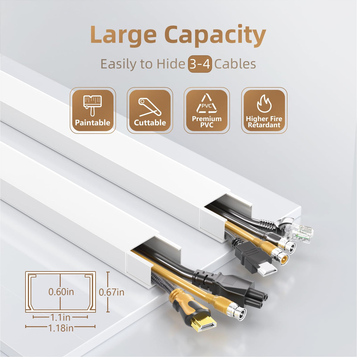 Delamu cable cover on wall hides 3-4 wires for a clean entertainment setup