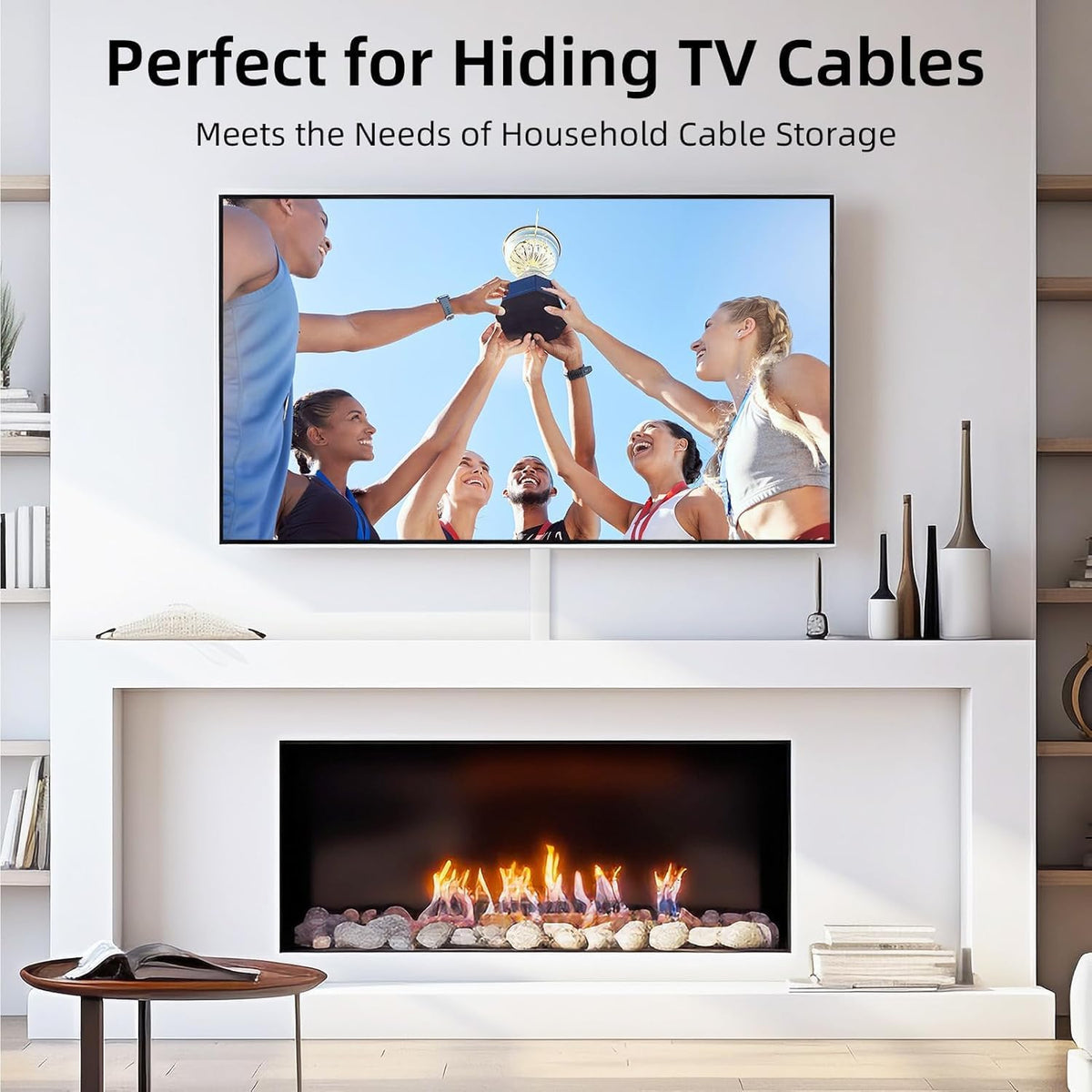 Delamu wall cord cover organizes a TV area and desk space for a neat aesthetic.