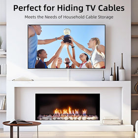 Delamu wall cord cover organizes a TV area and desk space for a neat aesthetic.