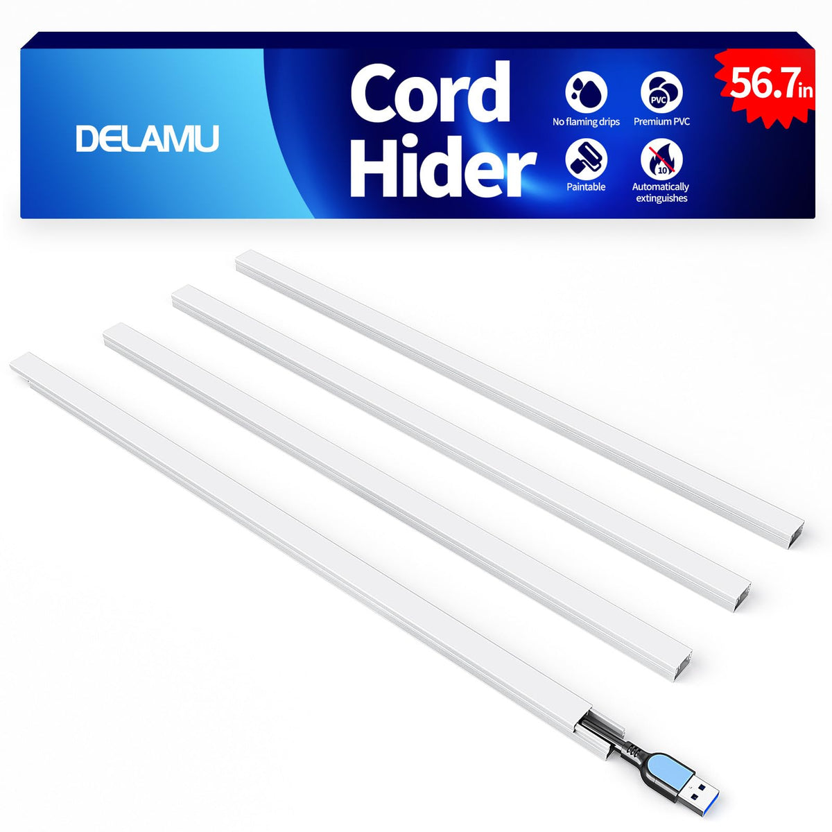 Delamu cord hider on the wall conceals a single cable for a cleaner living space.
