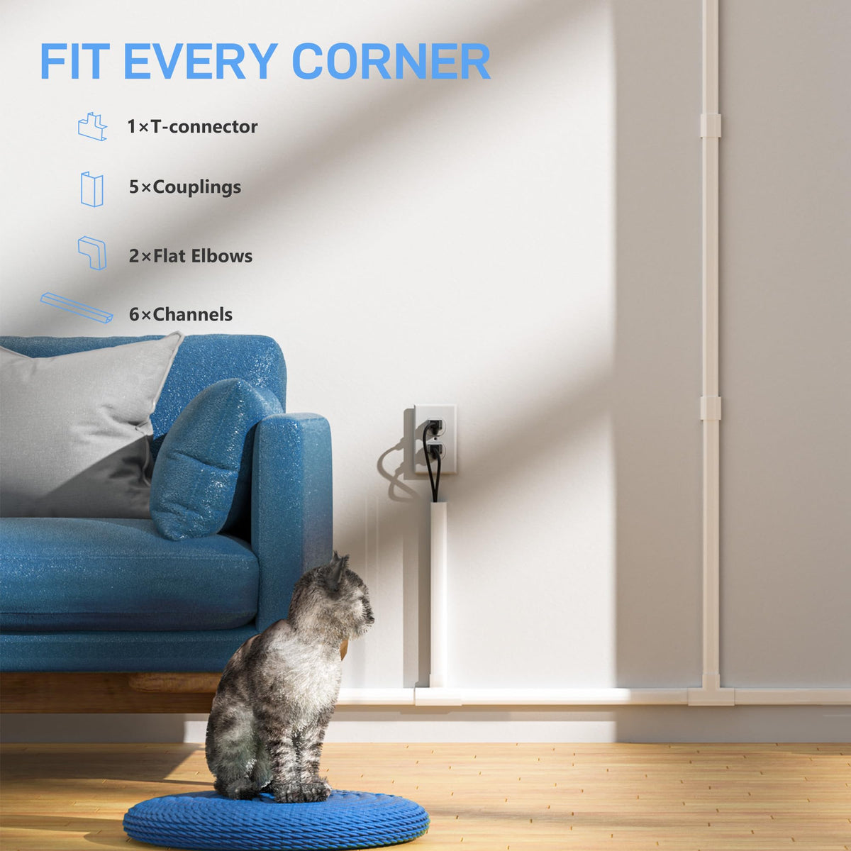 Delamu cord hider attaches and snaps for quick, tool-free installation.
