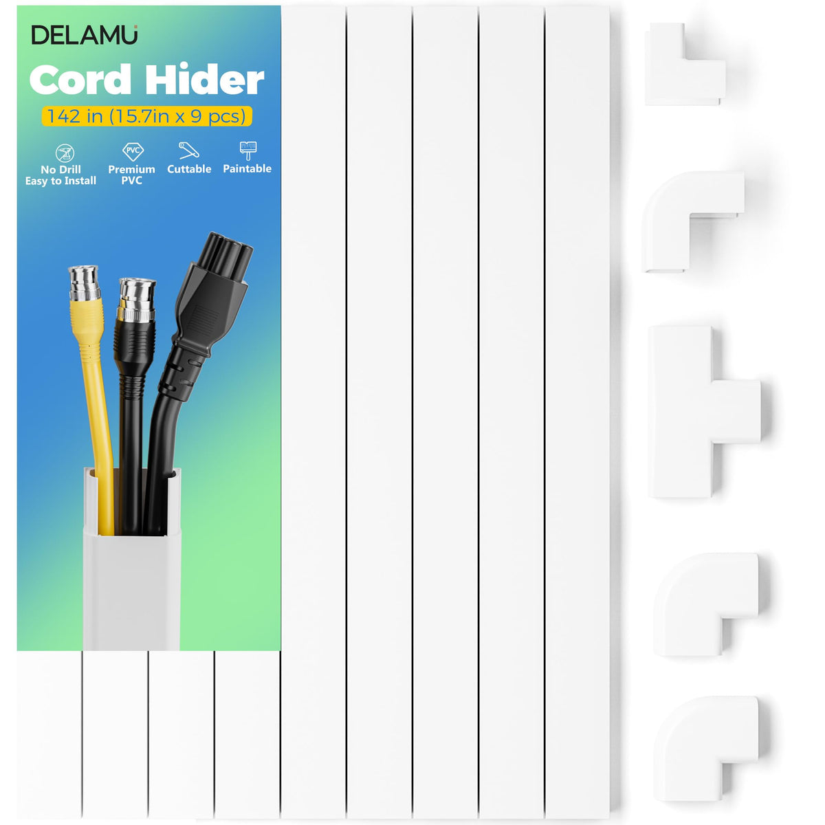 Delamu cord hider cover packaging ready for quick setup.