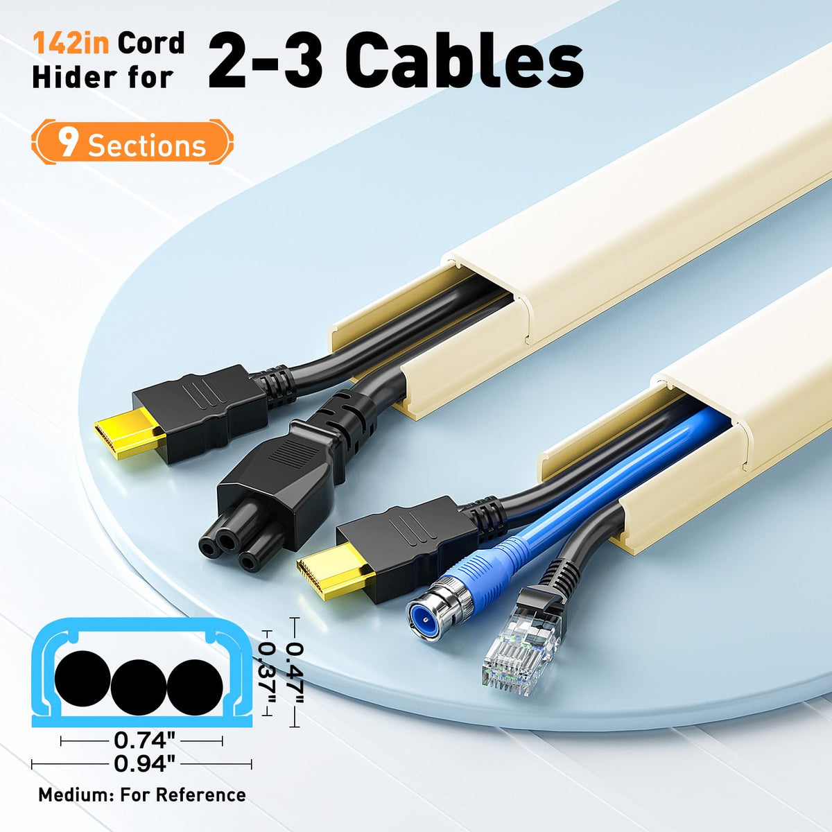 Delamu cord hider long 142-inch length hides multiple cables along a wall.