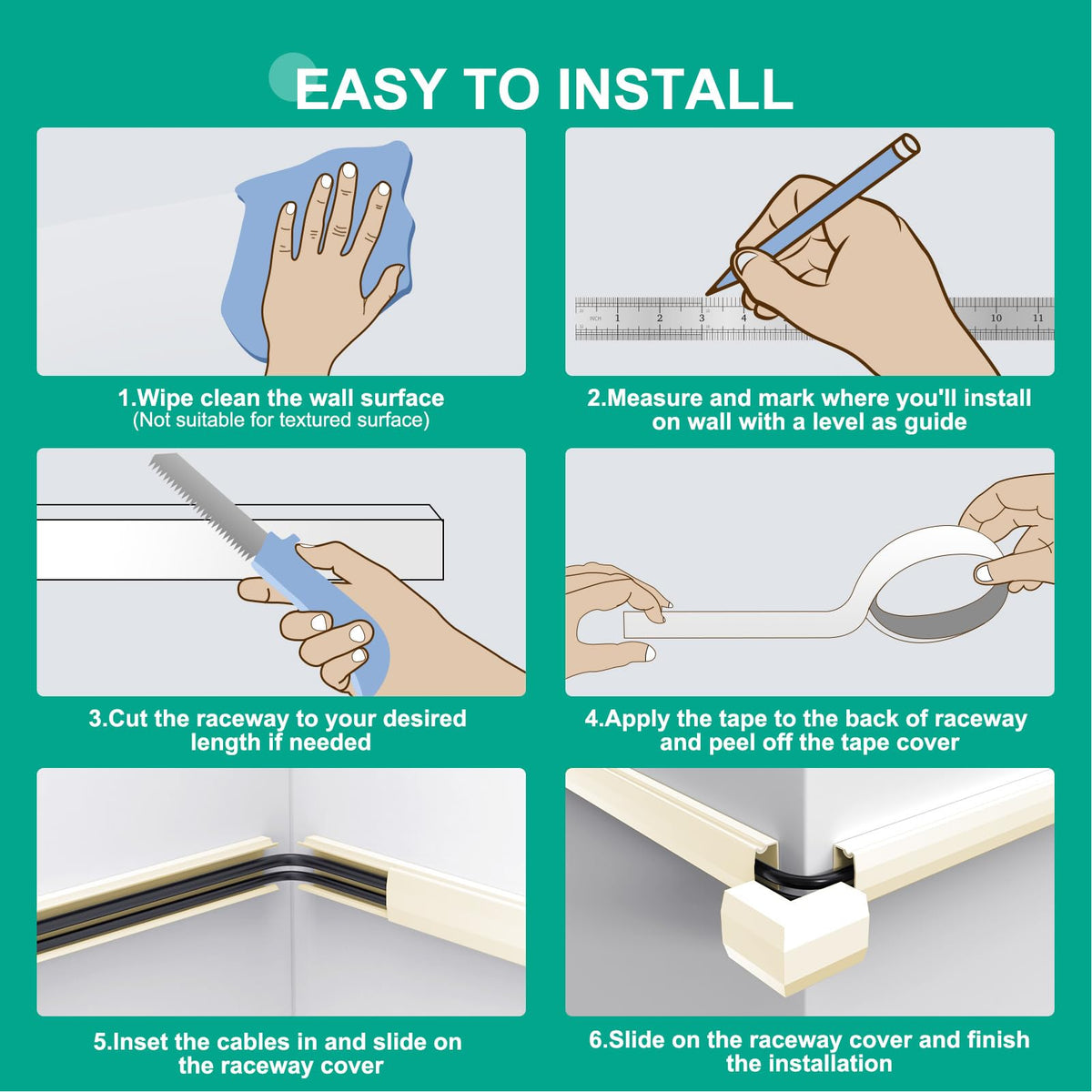 Delamu cord hider in use along a wall to hide cables