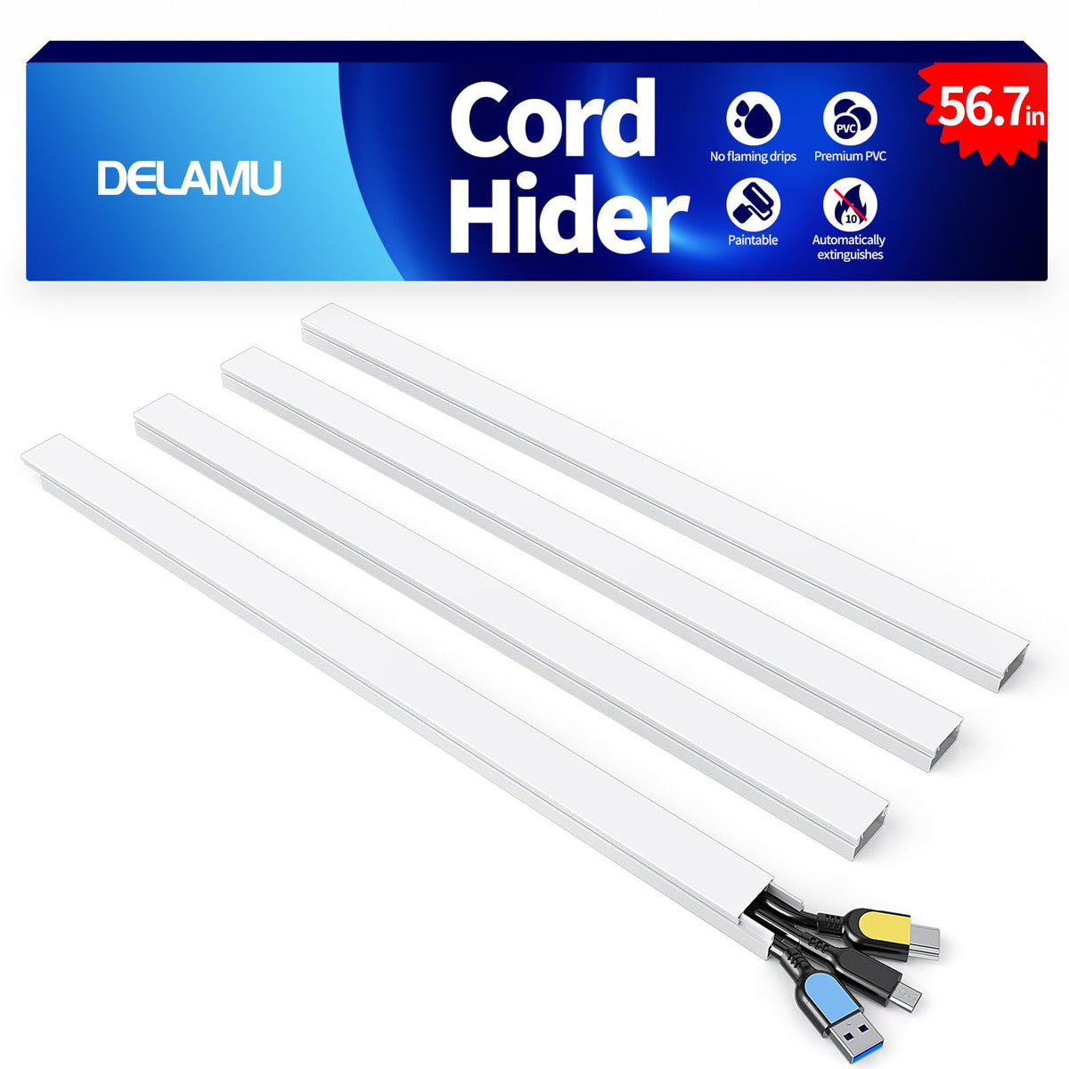 Delamu cord hider on wall conceals 2-3 cables for a tidy space.