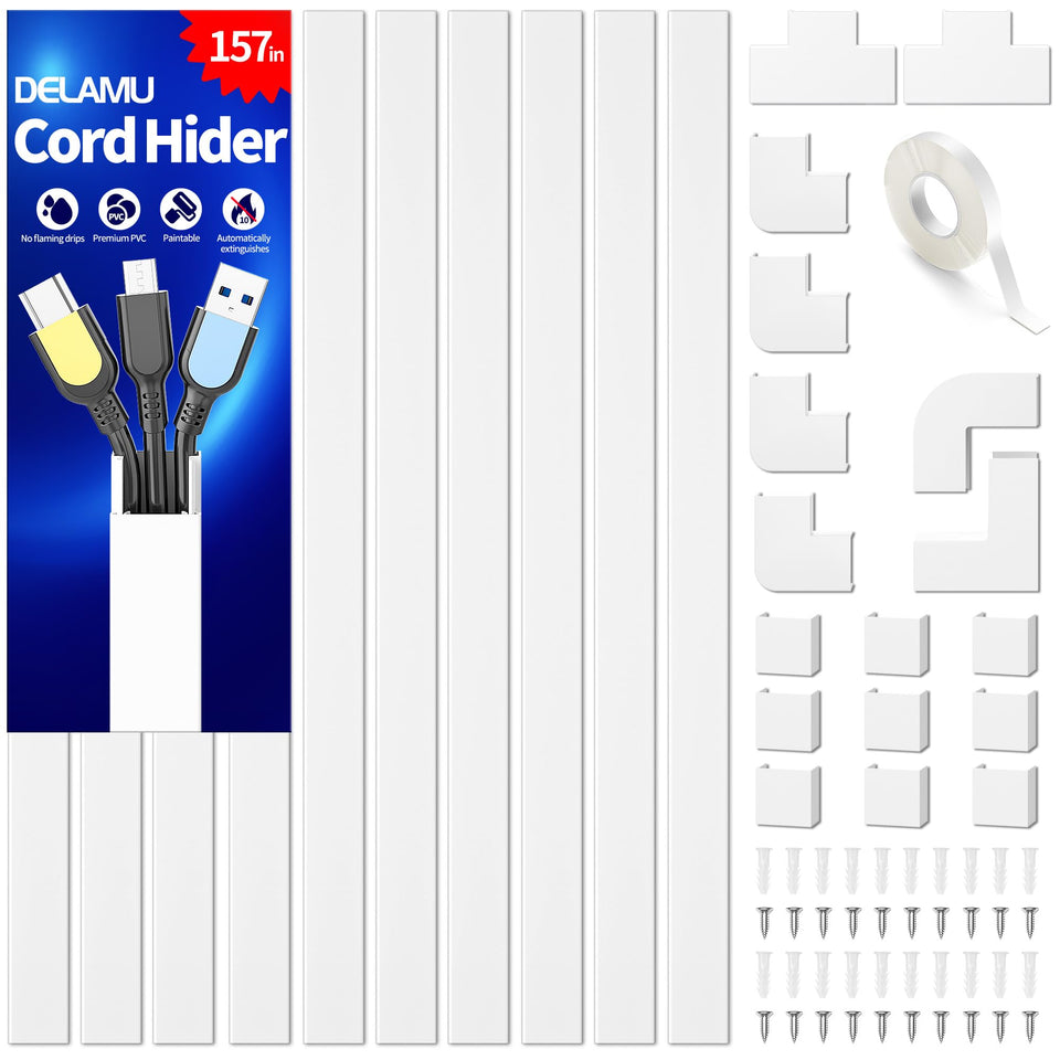 Delamu Cord Hider wall-mount setup keeps cables neat along the TV wall, simple access.