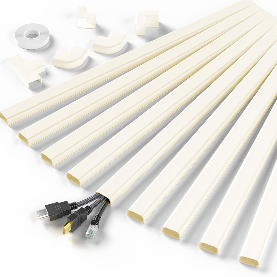 Delamu cord hider wall-mounted setup conceals wires for a cleaner living room.