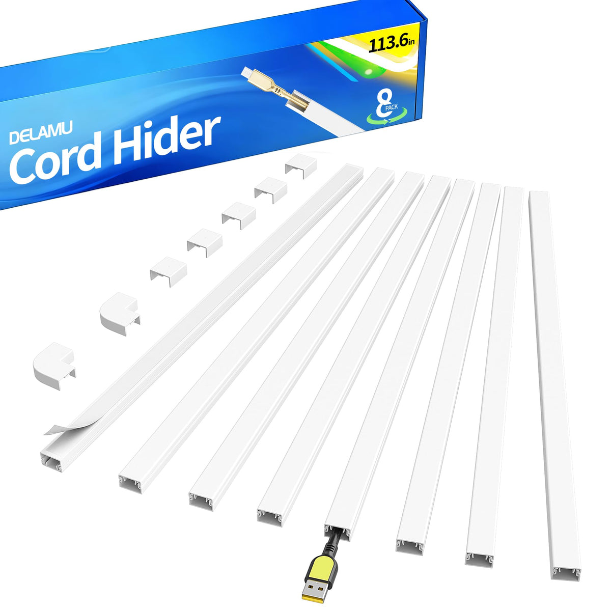 Delamu cord hider on a wall-mounted TV conceals two cables neatly for a cleaner setup.