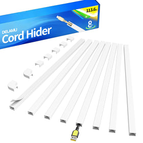 Delamu cord hider on a wall-mounted TV conceals two cables neatly for a cleaner setup.