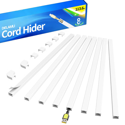 Delamu cord hider on a wall-mounted TV conceals two cables neatly for a cleaner setup.