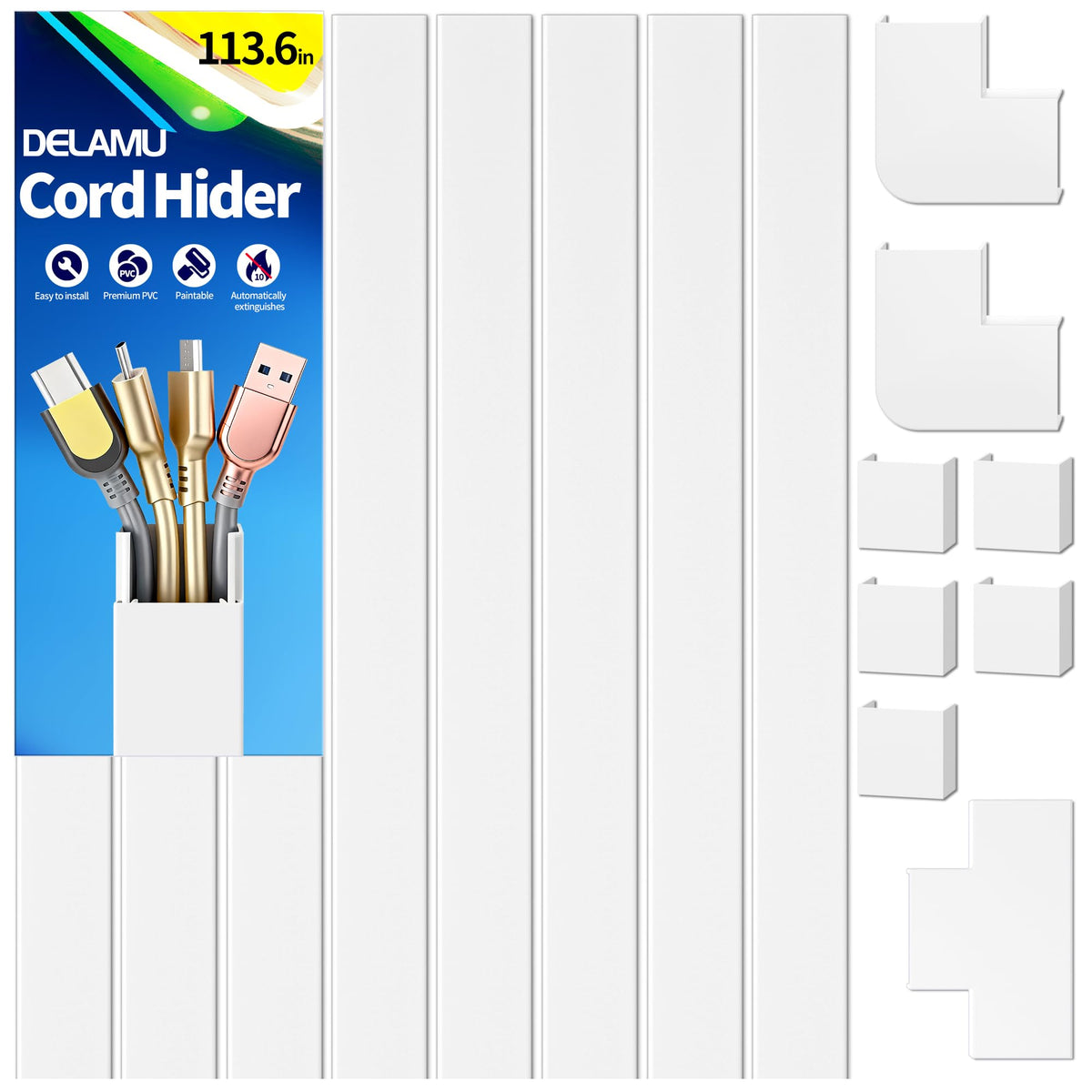 Delamu cord hider on wall-mounted TV hides 3–4 cables for a tidier setup.