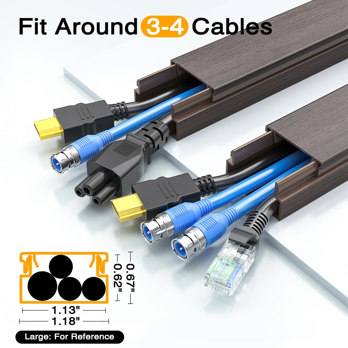 Delamu channel open with HDMI and power cables inside showing organized cord routing benefit