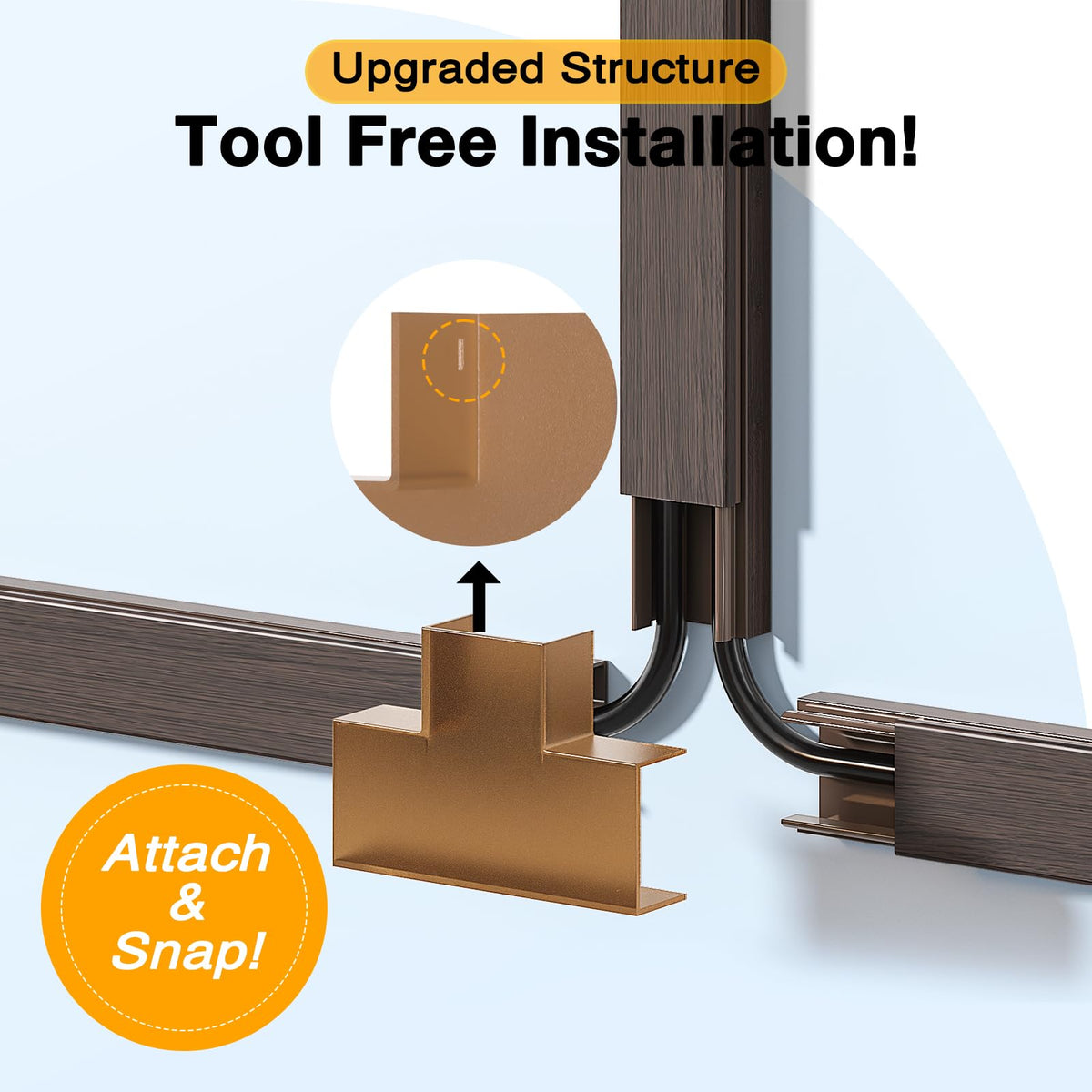 Delamu snap-on cover detail showing easy access and secure cable protection benefit