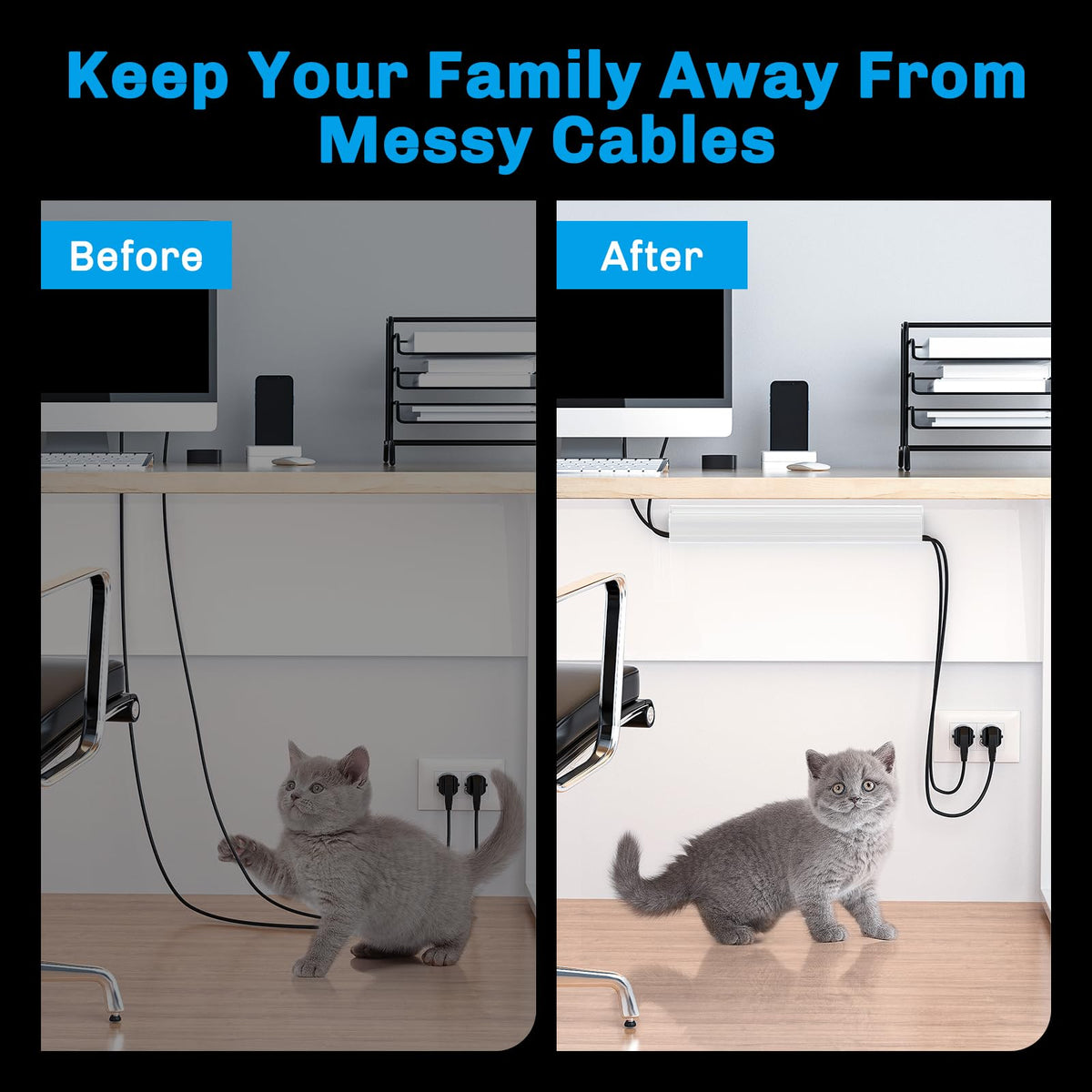 Delamu desk cable grid keeps daily-use cords tidy and accessible.
