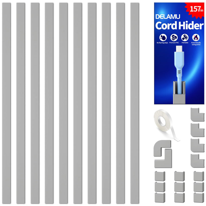 Delamu front packaging showing 157in cord cover and benefits