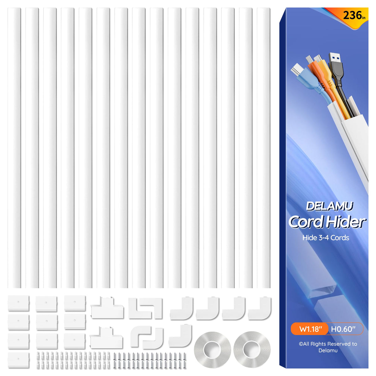 Delamu front packaging showing complete cord hider kit and parts for neat installs