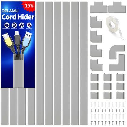 Delamu front packaging showing cord hider kit and benefits for neat setups
