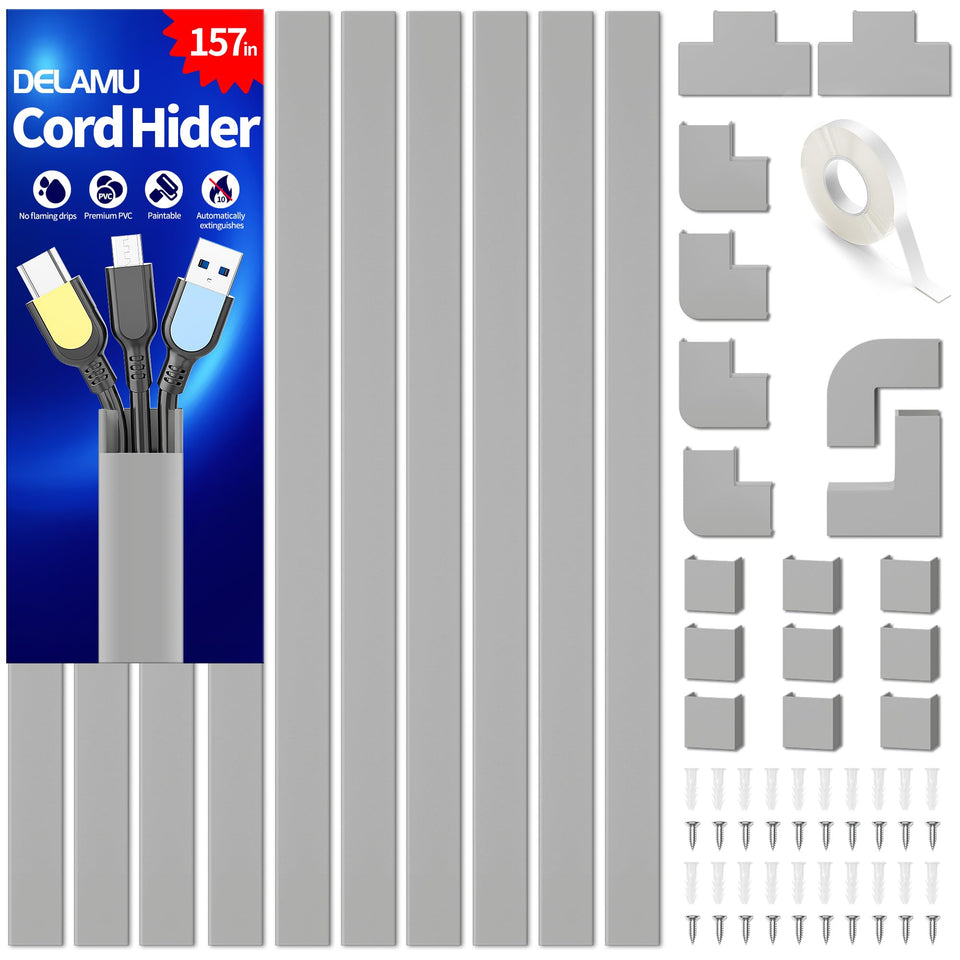 Delamu front packaging showing cord hider kit and benefits for neat setups