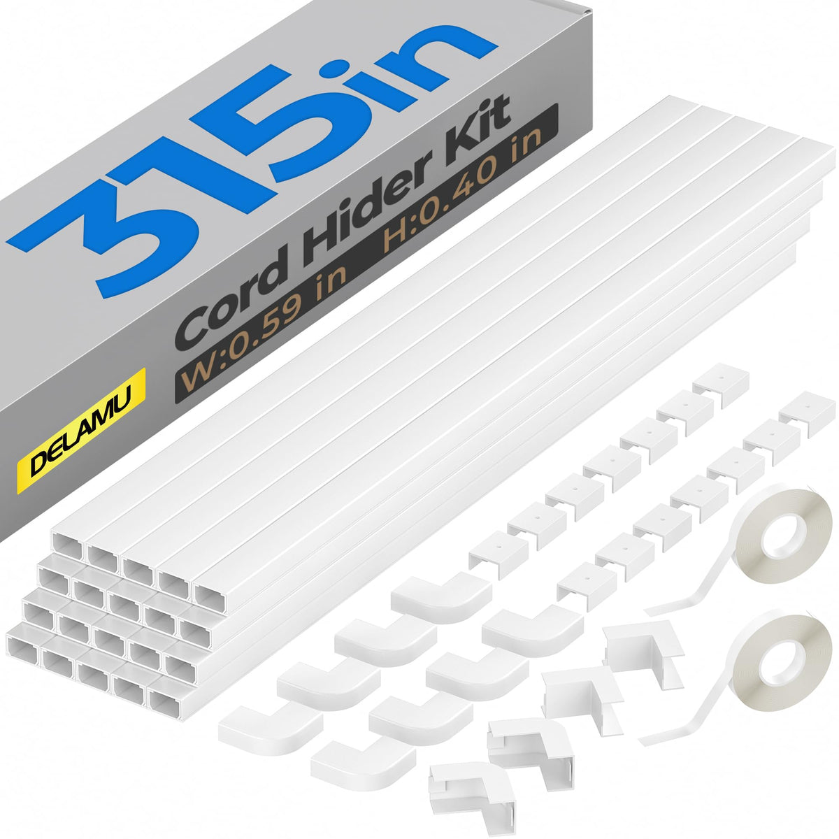 Delamu front packaging showing 20-piece white cord hider kit and benefits