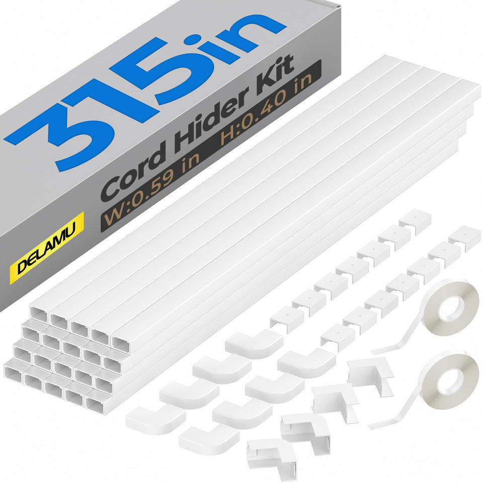 Delamu front packaging showing 20-piece white cord hider kit and benefits